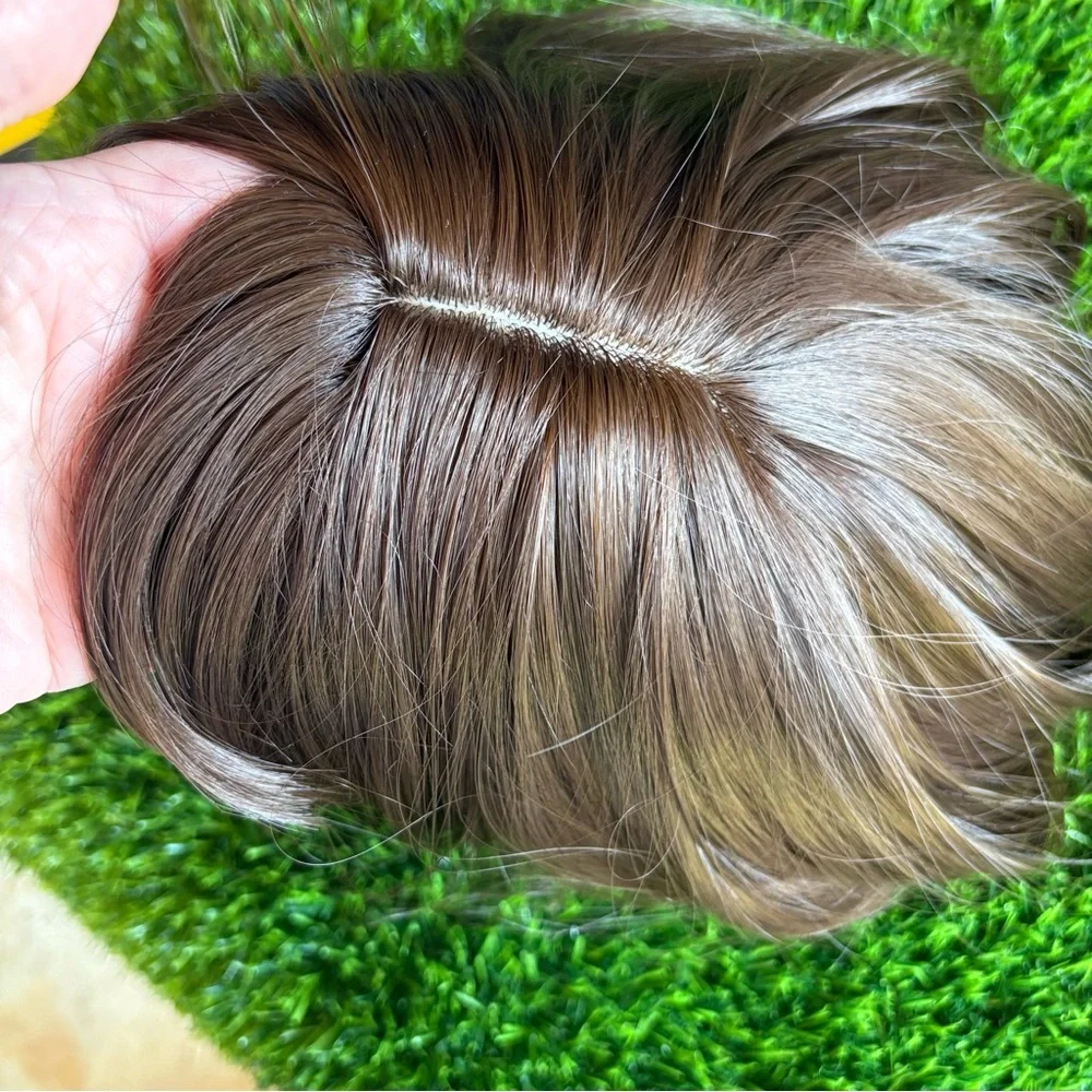 HUMAN HAIR TOPPER WIG LONG STRAIGHT BROWN CLIP IN GUC BANGS